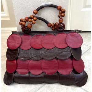 VTG‎ Fish Scale Purse Wooden Top Handle Boho Shoulder Bag Red Brown Hippie Retro